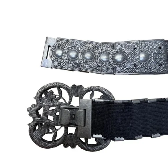 1980s Armenian Black & Silver Belt Metal Embellished Elastic Adjustable Antique Silver Niello Armenian Belt - Etsy main image 3